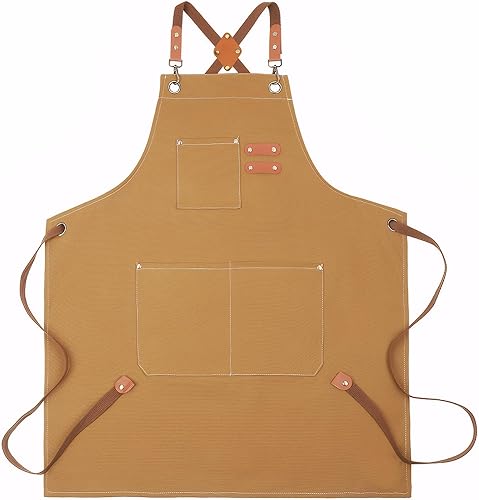 Miniatura 9 de GREBSTK Delantal de trabajo de lona Delantal de herramientas ajustable con espalda cruzada para carpintería, jardinería