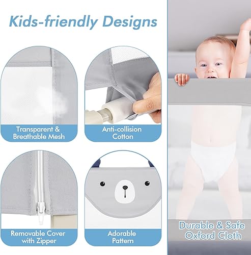 Miniatura 6 de BABY JOY Riel de cama para niños pequeños, 77 pulgadas extra largo, altura ajustable y plegable, protector de riel de cama de bebé con malla