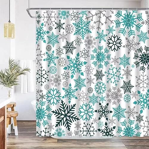 Jzmoli Cortina de ducha navideña con copos de nieve, color turquesa y gris nieve sobre fondo blanco, feliz año nuevo, tela de poliéster de 72 x 72