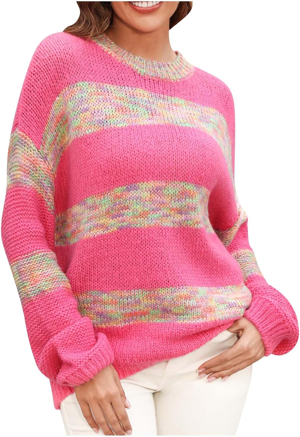 Women's Rainbow Striped Color Block Sweater Knitted Long Sleeve Crew Neck Loose Casual Pullover Jumper Tops Knitwear