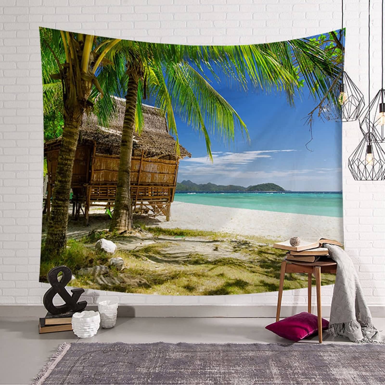 Mesnt Tapiz para colgar en la pared de la playa, playa del mar, palmera para dormitorio, azul y verde, 350 x 256 cm