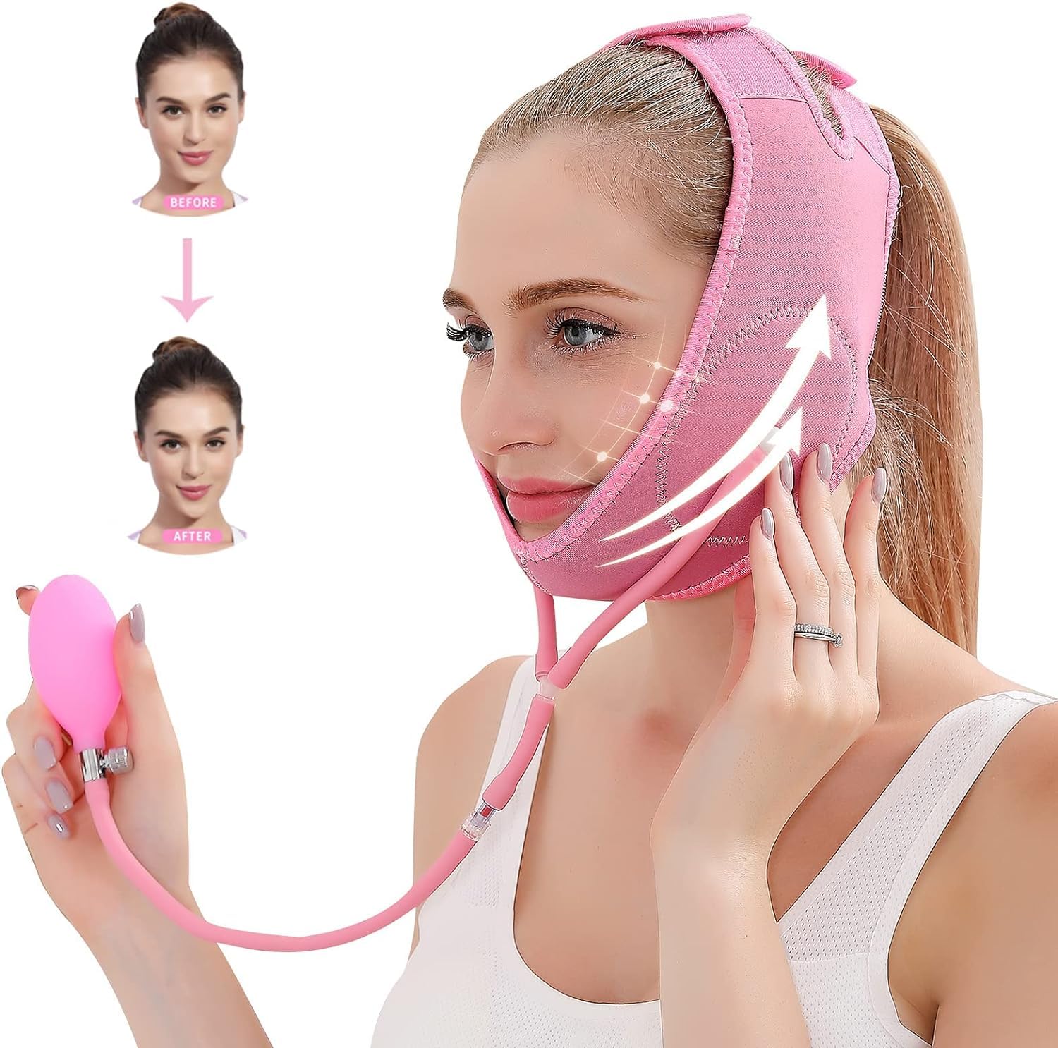 Double Chin Reducer, Face Slimming Strap, Pain-Free V-Line Chin Cheek Lift Up Band, Face Shaper Band, for Anti Aging Wrinkle, Reducing Double Chin, Anti Snoring (Pink)