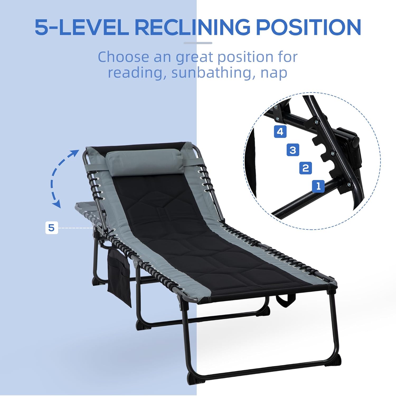Outsunny Folding Chaise Lounge w/ 5-Level Reclining Back, Outdoor Tanning Chair Lounge Chair w/Padded Seat, Side Pocket, Headrest, Carry Strap, for Beach, Yard, Patio, Black