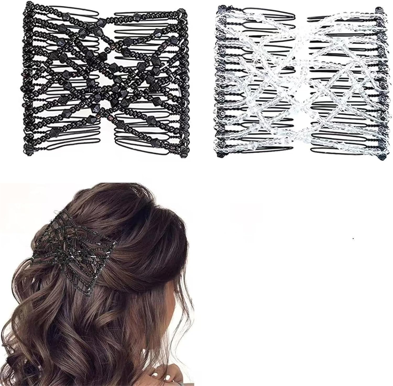 HALAMODO 2PCS Fashion Trend Easy Stretchable Double Combs Magic Hair Combs, Double Hair Clip Hairpins Accessories for Women Girls (Black&White)