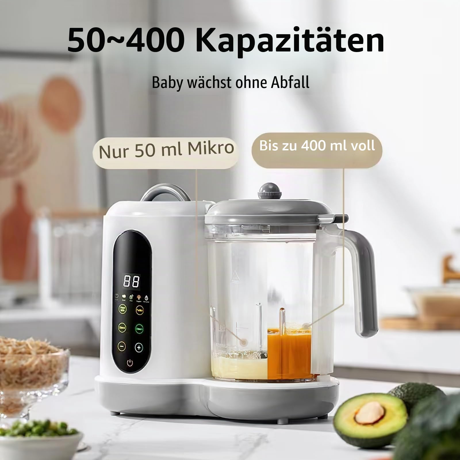 Küchenmaschine für Babys, Dampfgarer, Mixer, Babynahrungszubereiter 400ml,Babybrei Zubereiter, Baby-Mixer, Automatische Reinigung, Touchscreen, Zum Mixen und Aufwärmen von Lebensmitteln für Babys