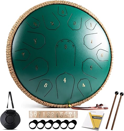 Tambor de Lengua de Acero - HOPWELL 15 Notas 14 Pulgadas Tambor de Lengua - Tambores Hand Pan con Libro de Música, Mazos de Tambor Handpan de Acero