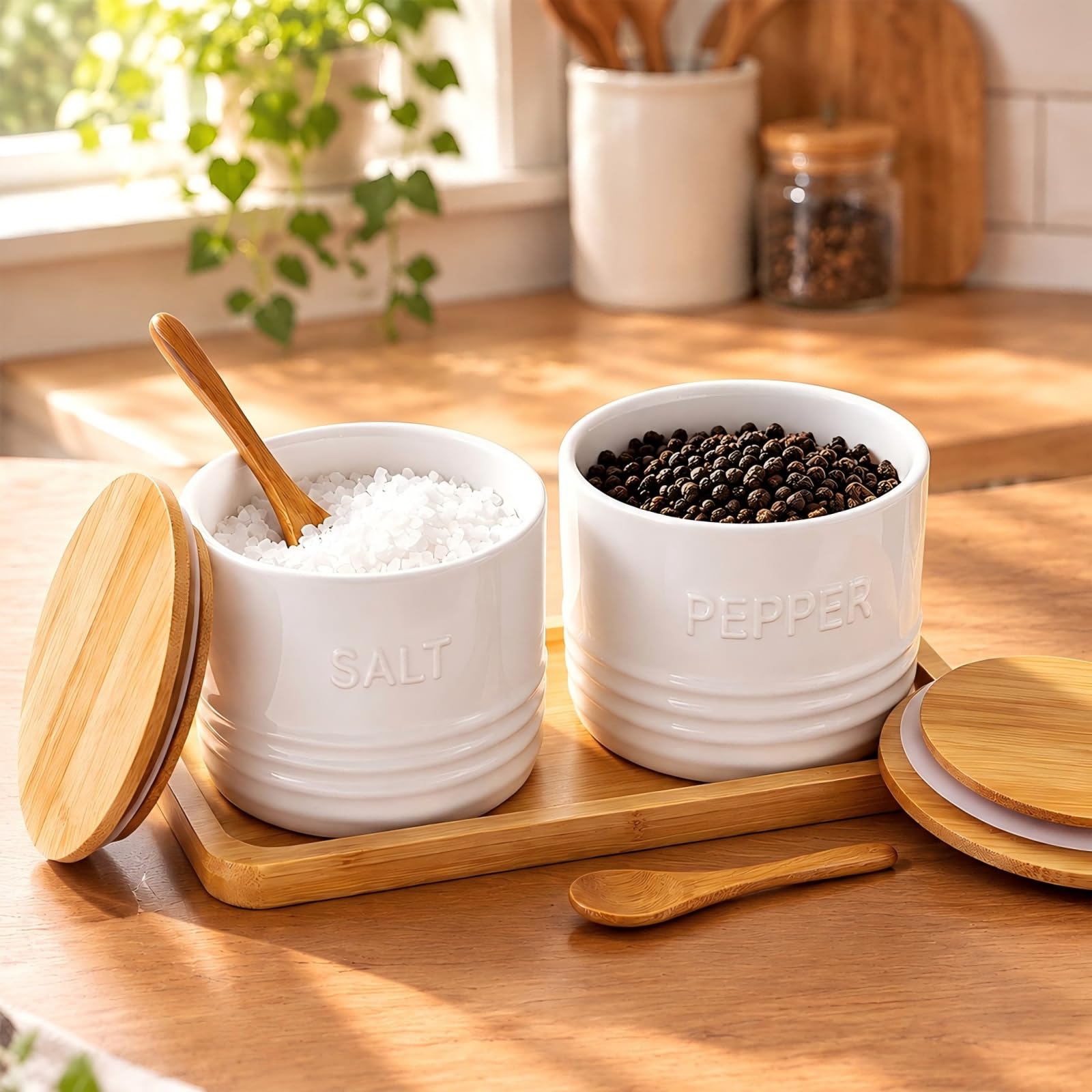 Salt Cellar with Wooden Tray Ceramic Salt and Pepper Cellar, White, Bamboo