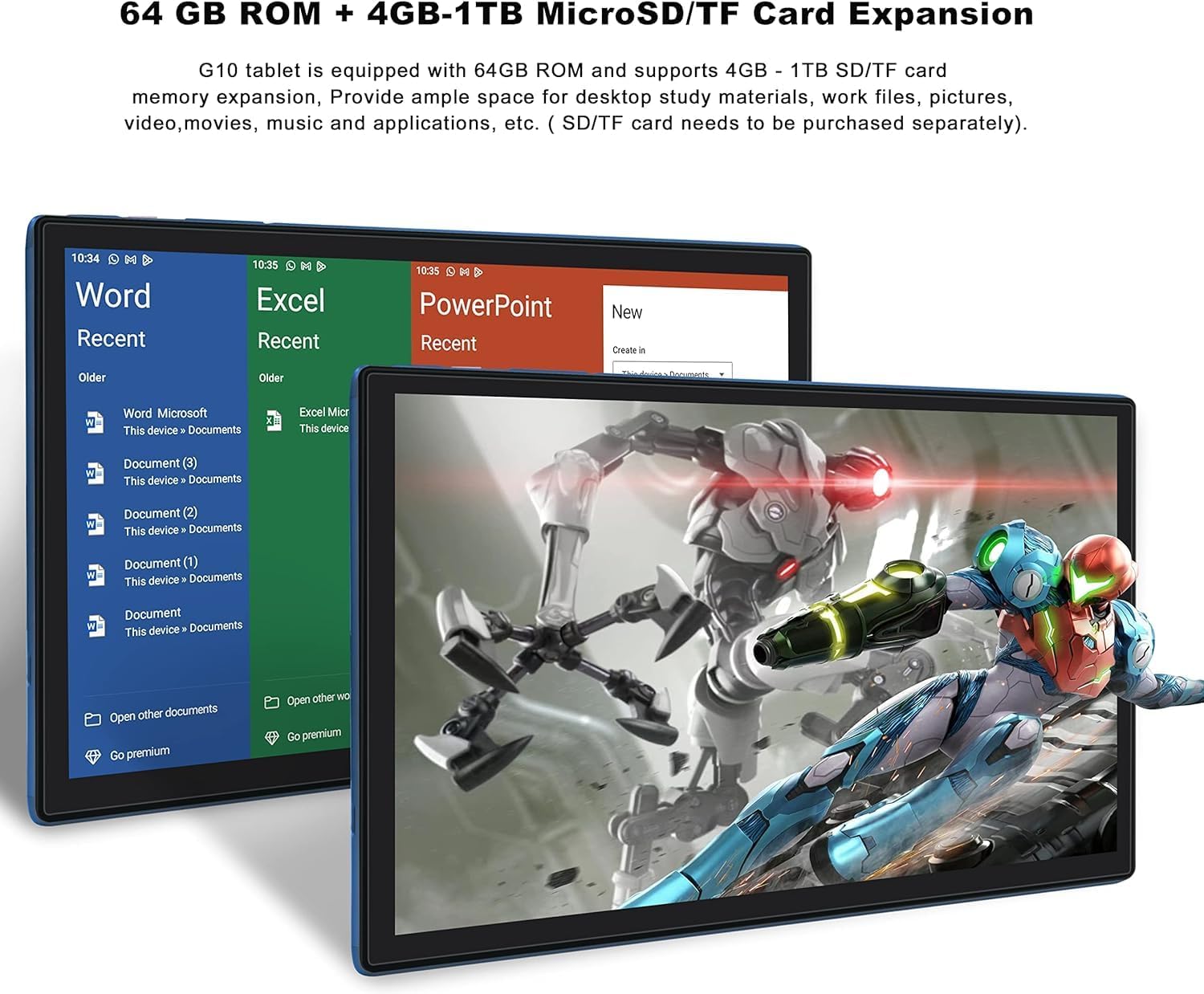 GOODTEL G10 Tablet showing 64GB ROM and 4GB RAM with MicroSD/TF card expansion