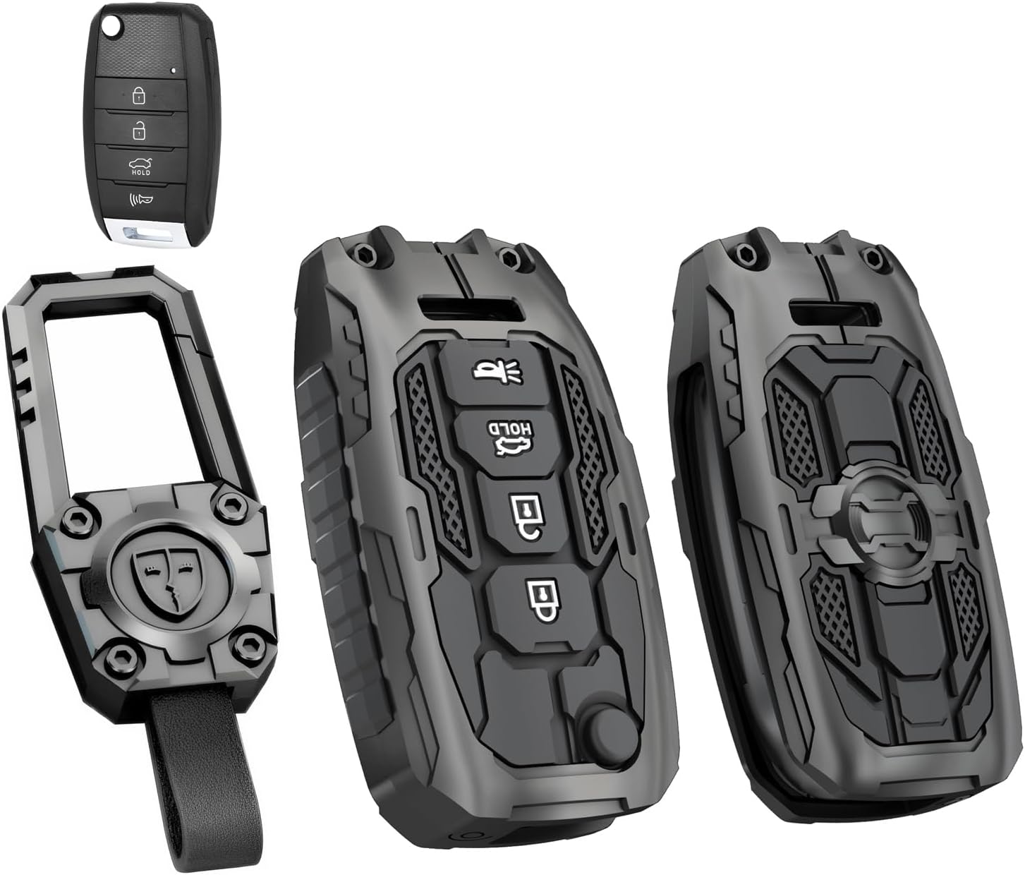 Heavy Zinc Alloy Key fob Case Cover with Keychain Compatible with Kia Soul Sorento Optima Sportage Rio Forte NIRO 4 Button Key Shell Accessories (Black)