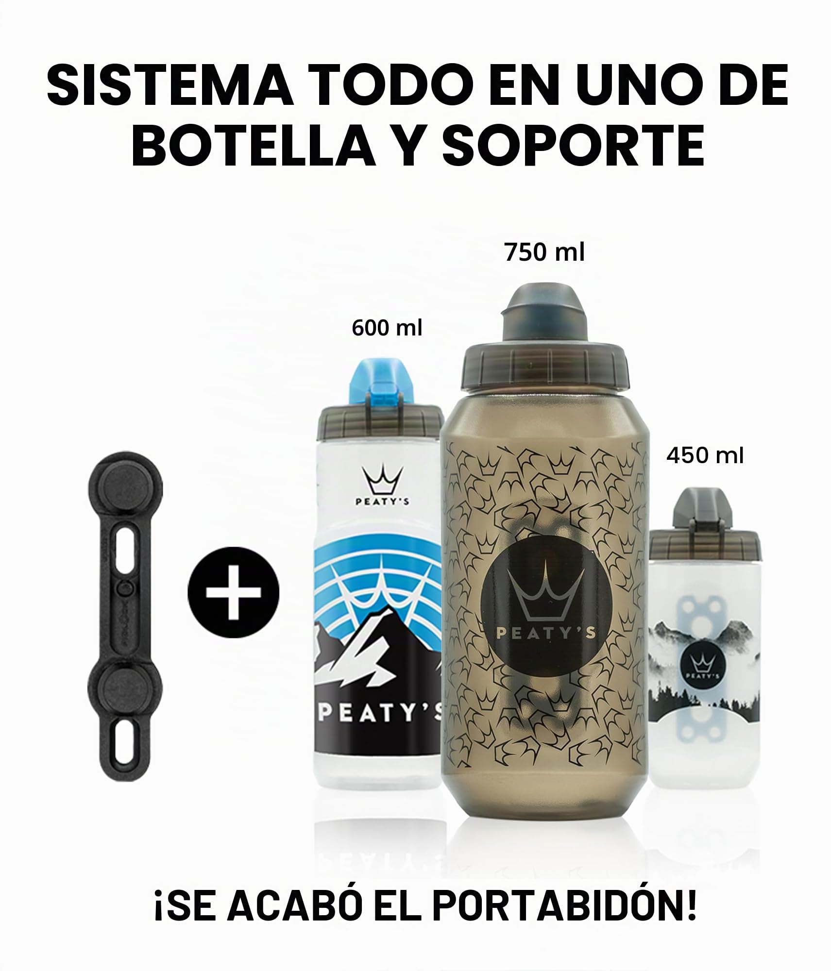 Peaty's X Fidlock Lockin Botella de Agua Magnética para Bicicleta Pequeña con Base de Fijación - Sistema de Giro y Liberación, Soporte sin Jaula para Ciclismo - 450 ml, Montaña, Transparente