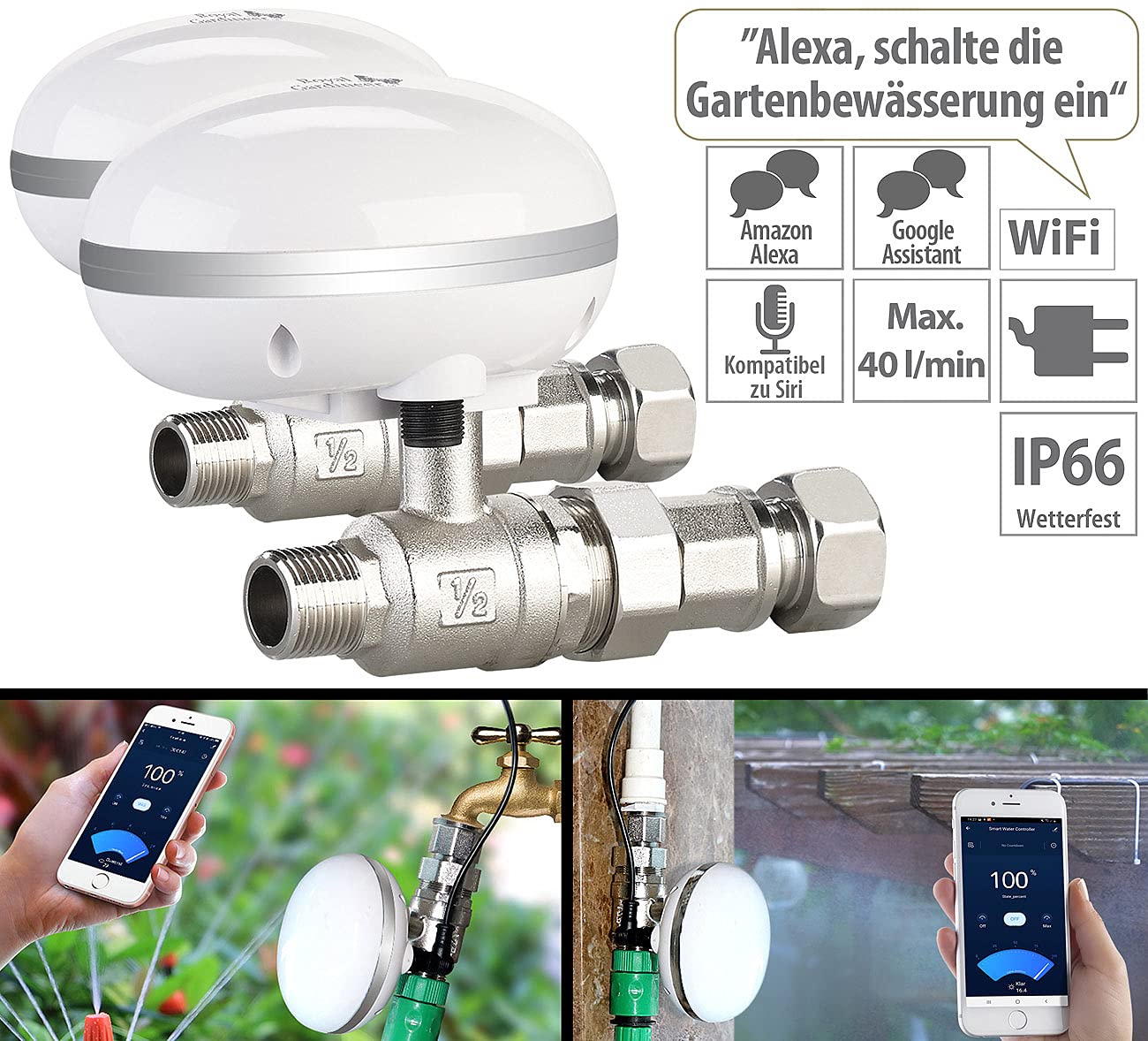 Royal Gardineer Bewässerungs-Steuergerät: 2er Pack WLAN-Bewässerungscomputer mit App-Steuerung (Bewässerungscomputer mit Ventil, Drosselventil, Samsung)