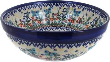 Blue Rose Polish Pottery - Blue Garden of Eden Small Serving Bowl - 9" Diameter - Beautiful Serving Bowl for Special Occasions, Dinner Parties, Or Everyday Dining