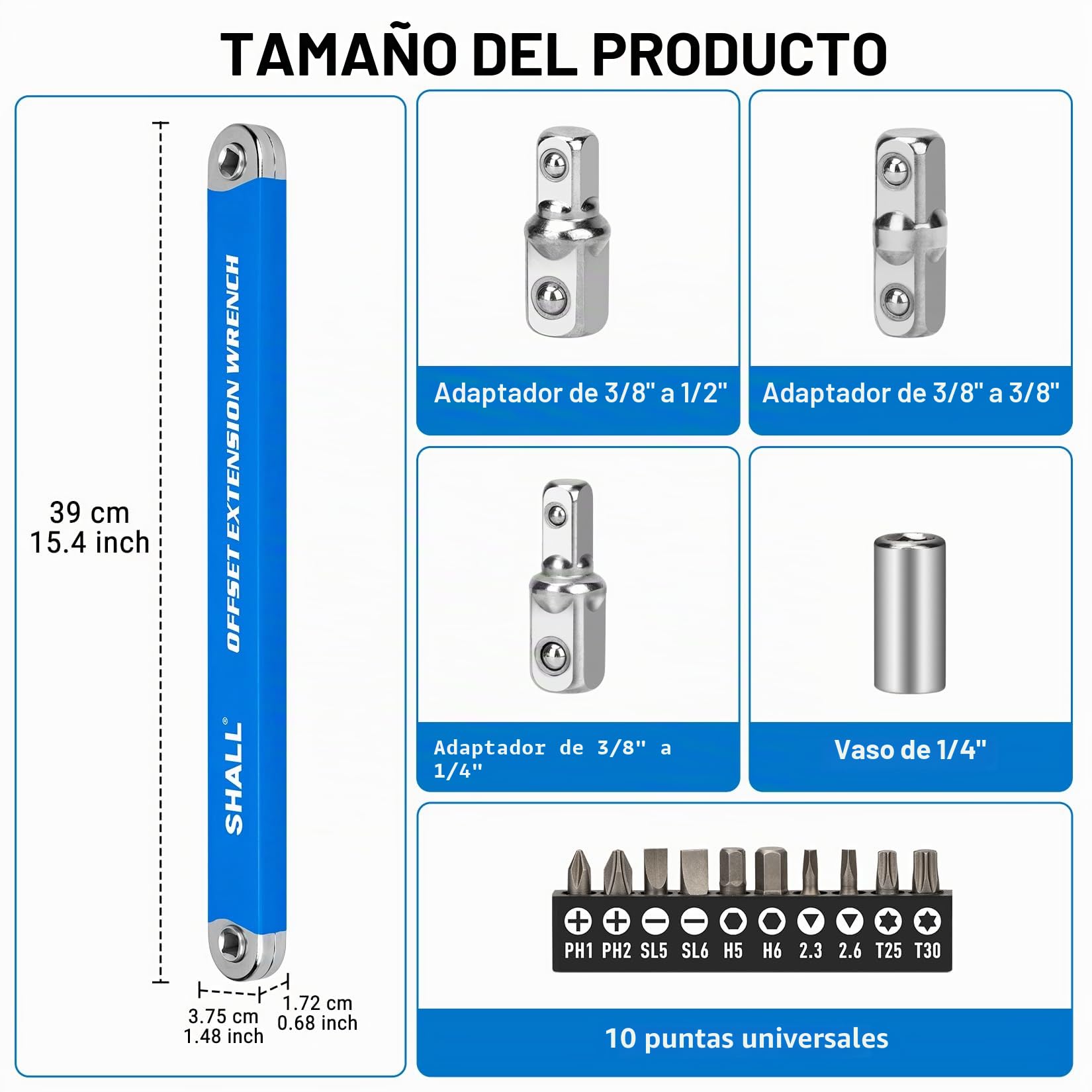 SHALL Llave de extensión compensada – Juego de llaves de extensión de desplazamiento listas para impacto de 15.4 pulgadas, con adaptadores de unidad cuadrada de 1/2 pulgadas, 1/4 pulgadas y 3/8