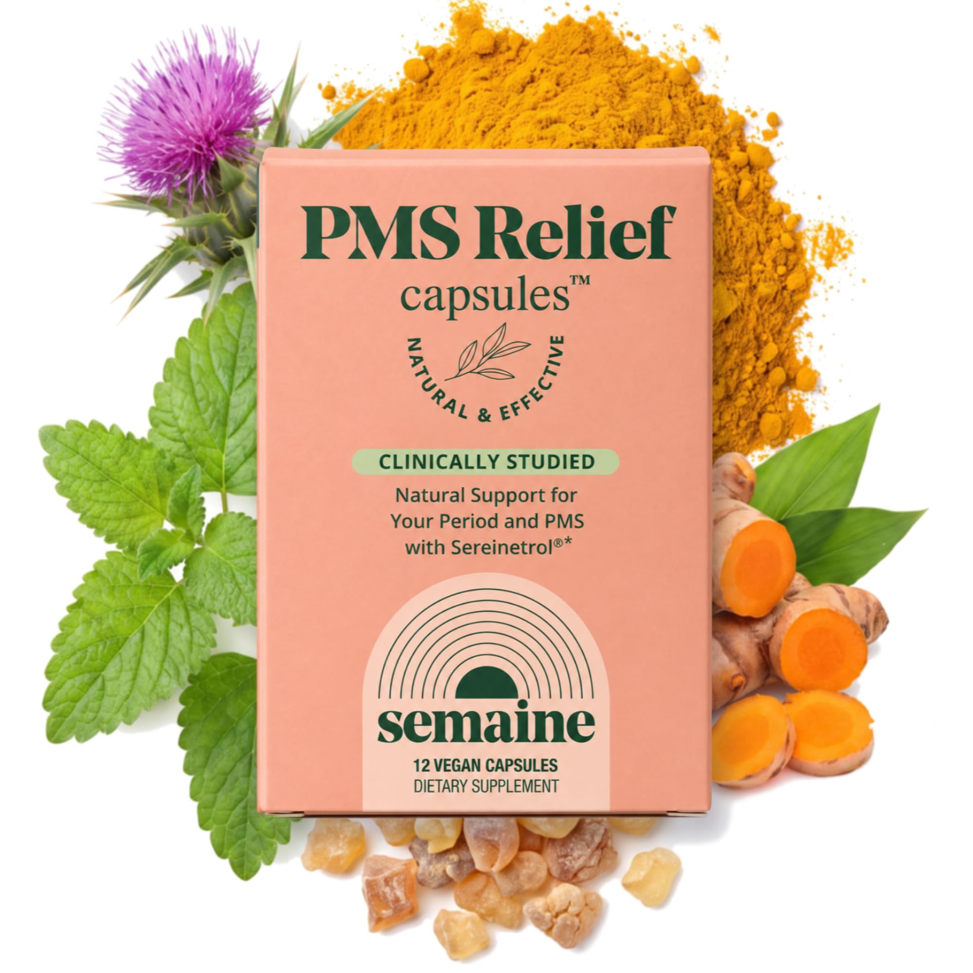 Semaine PMS Relief for Women, Period Cramp Relief, Period Cramps, Menstrual Cramps, PMS Support Supplement for Women, Bloating and Mood, Boswellia and Curcumin, 12 Capsules (Blister)