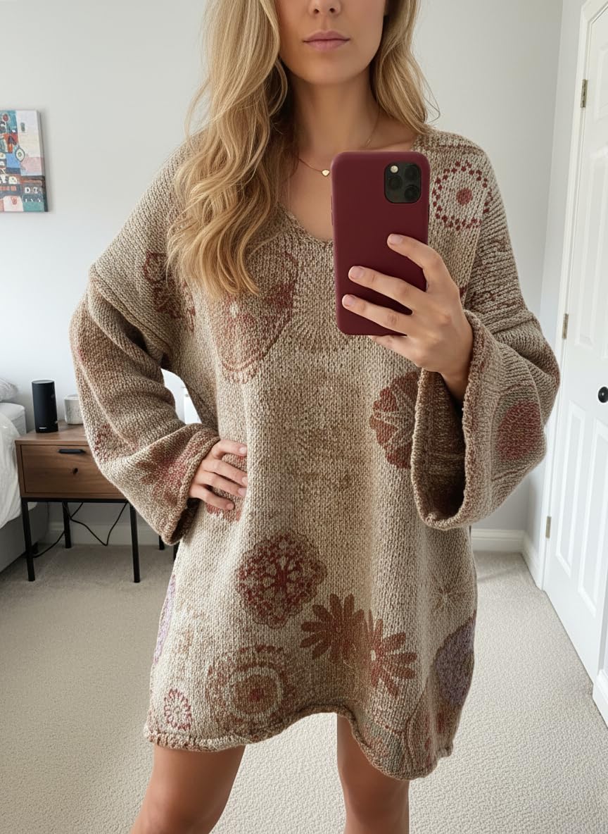 TIAFORD Boho V Neck Oversized Dress for Women 2026 Spring Multicolor Abstract Floral Printed Loose Long Sleeve Tunic Tops - Image 2