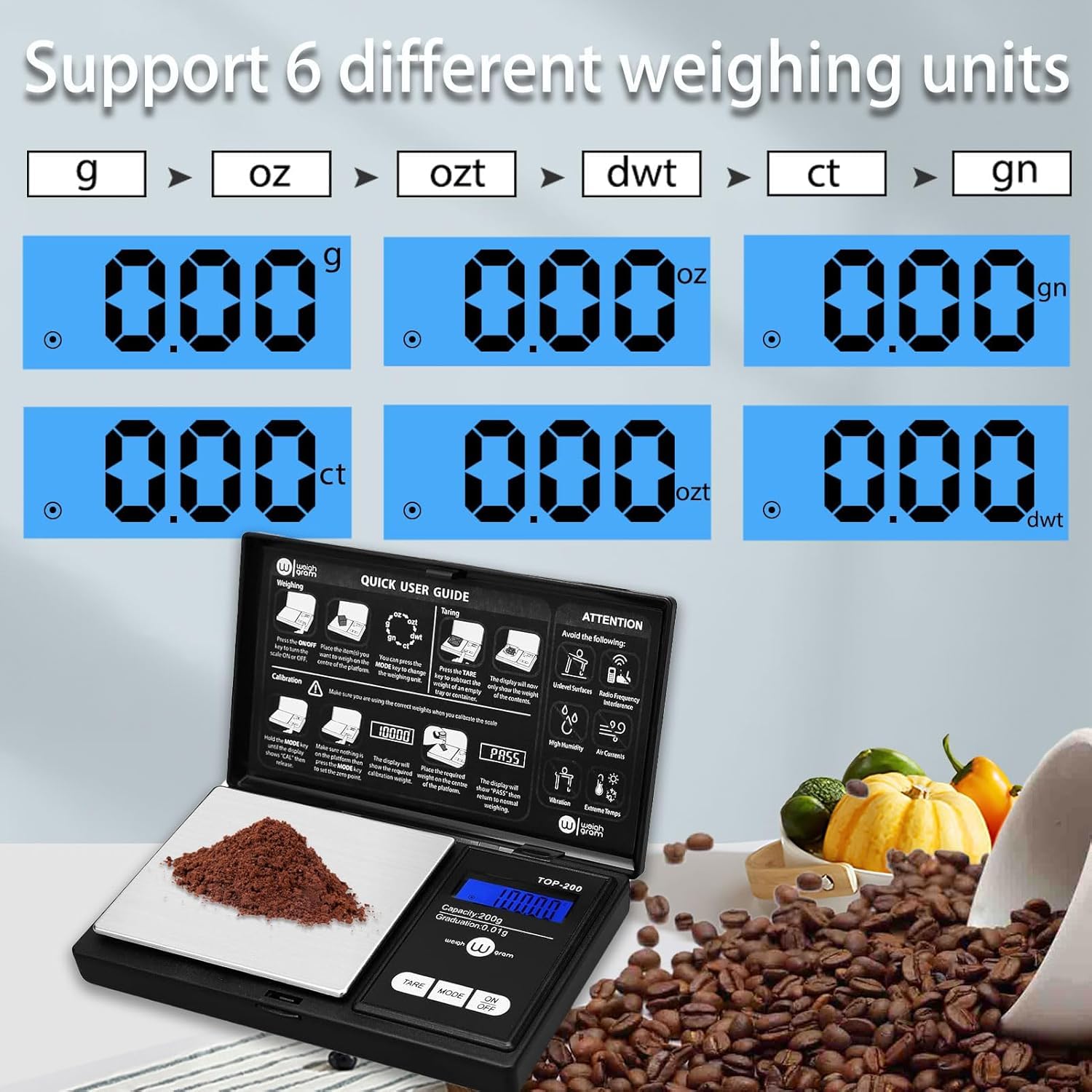 Weigh Gram 200g x 0.01g Mini Digital Gram Scale & 50g/0.001g Milligram Scale, Small Food & Jewelry Scale, Ounces Grains Scale with Calibration Weight