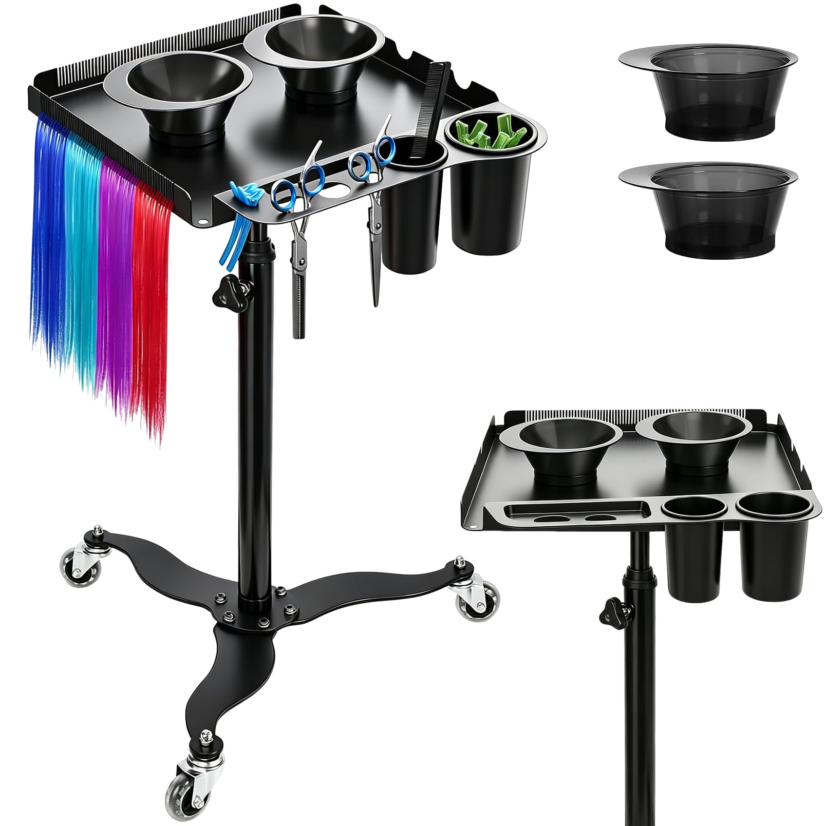 Mobiler Friseurwagen, Salon Rollwagen mit Ablagefläche, Friseurwagen | Salon Trolley mit 2 Magnetischen Schüsseln, Höhenverstellbarer, Mit Haartrennständer, Salon-Tablettwagen für Friseur Salons