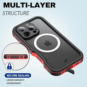 BEASTEK Waterproof Case for iPhone 16 Pro, MagSafe Shockproof Dustproof IP68 Case with Built-in Screen Protector and Mag Safe Anti-Scratch Magnetic Cover (6.3'') (Red)