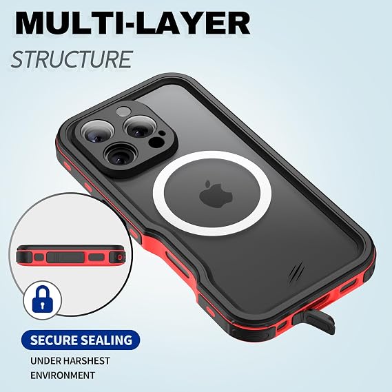 BEASTEK Waterproof Case for iPhone 16 Pro, MagSafe Shockproof Dustproof IP68 Case with Built-in Screen Protector and Mag Safe Anti-Scratch Magnetic Cover (6.3'') (Red)