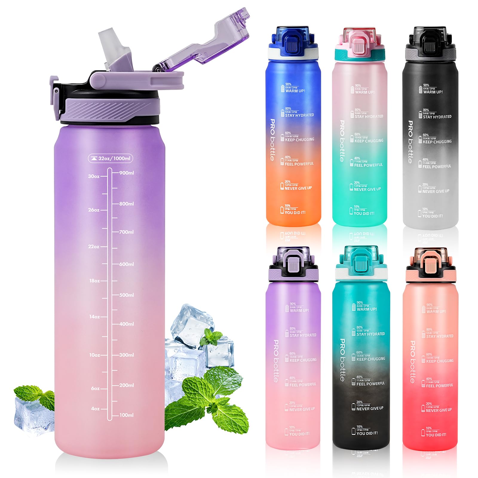 SEASEVEN Sports 1L Water Bottle with Straw,Plastic Drinks Bottle,1 Litre Water Bottles with Time Markings,Waterbottle Leak Proof-Bpa-Free for Gym,School, Office,Travel (Purple)