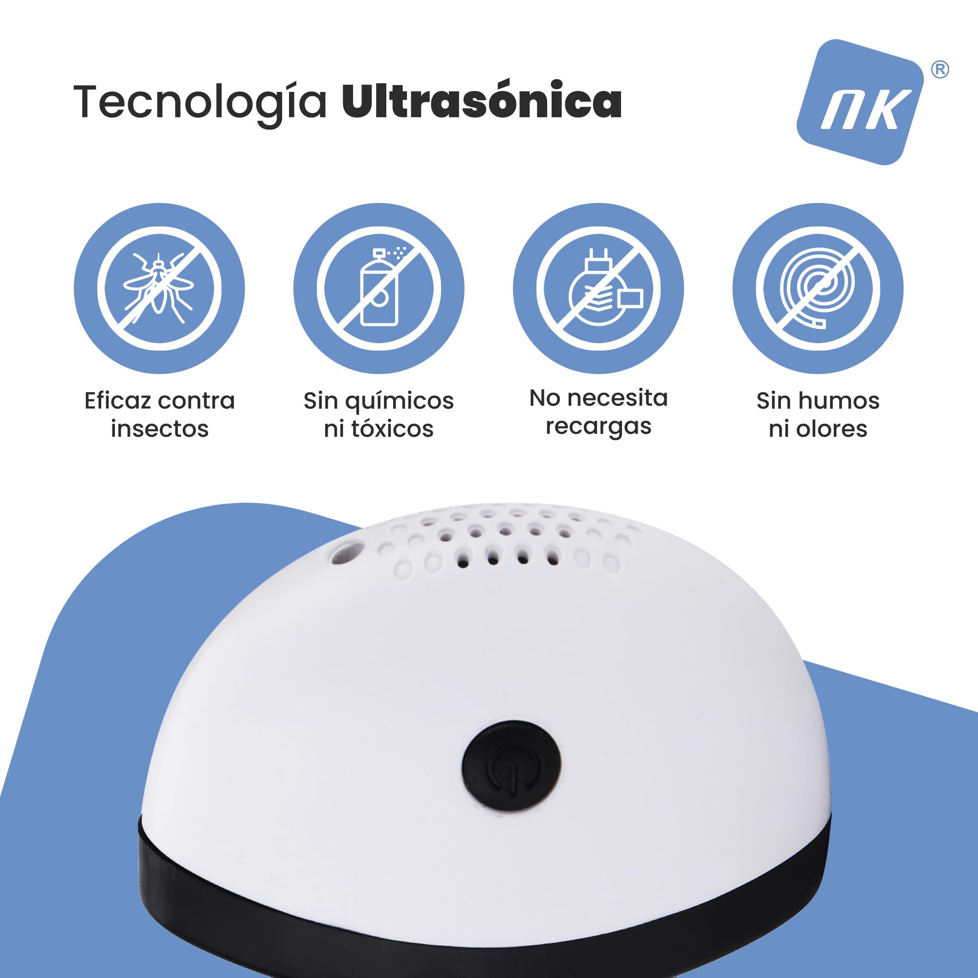 NK Repelente Ultrasónico Antimosquitos Electrónico - Control por Botón, Cobertura 150 m², Uso Interior, Blanco y Negro