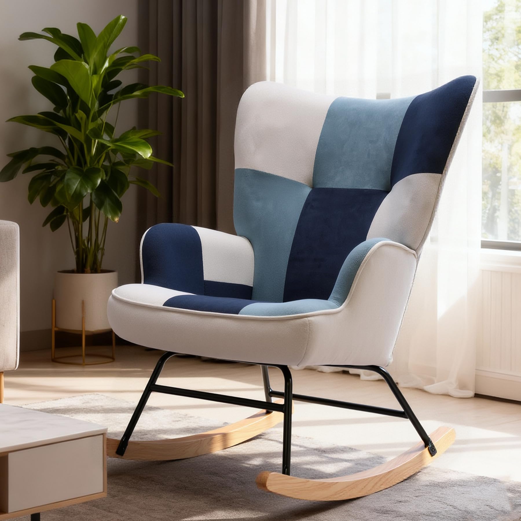 Schaukelstuhl Sessel Patchwork mit Metallgestell und Holzsockel Skandinavischer Schaukelsessel Retro Sessel Wohnzimmer Relaxstuhl Polstersessel für Schlafzimmer Hotel Blau