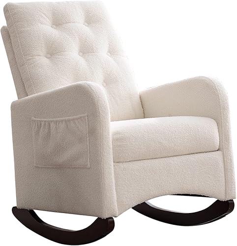 Mecedora tapizada para guardería, mecedora con dos bolsillos, cómoda silla con respaldo alto y cojín de doble capa, deslizador de guardería para