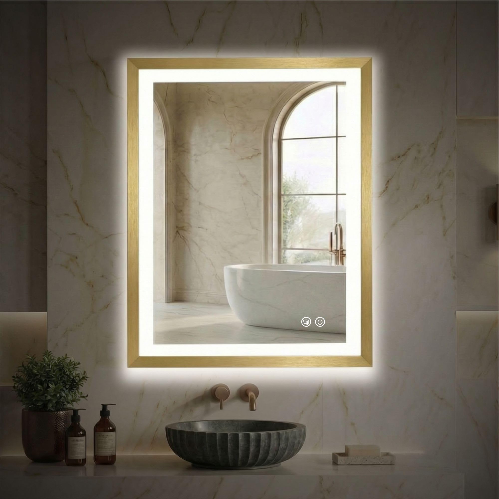 Miroir LED doré de salle de bain antibuée et incassable en verre trempé 28x36cm