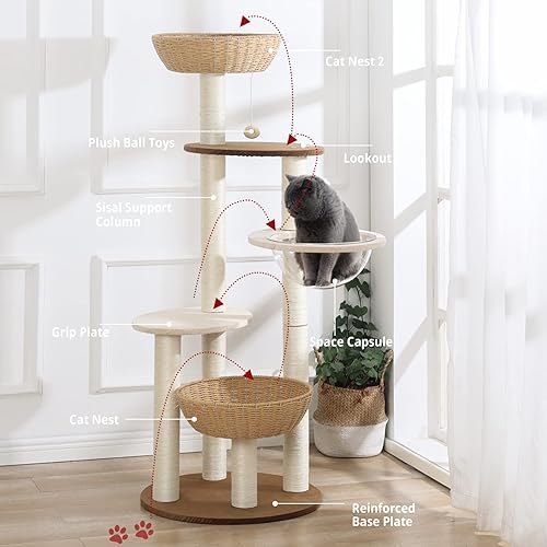 Miniatura 5 de Torre moderna para gatos grandes, condominio de lujo de sisal natural real, torre de madera tejida a mano para gatos, árbol rascador para gatos de