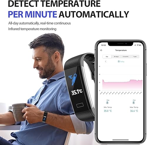 Miniatura 3 de Portzon Rastreador de fitness IP68 impermeable, reloj inteligente con monitor de temperatura de frecuencia cardíaca, rastreador de actividad de