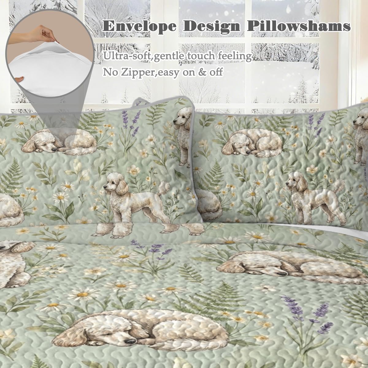 BlessLiving Poodle Floral Quilt Set Full Queen, Elegant Dog Bedding, Soft Lightweight Flower Puppy Bedspread Coverlet, Aesthetic Cottagecore Dog Bedding with 2 Pillow Shams