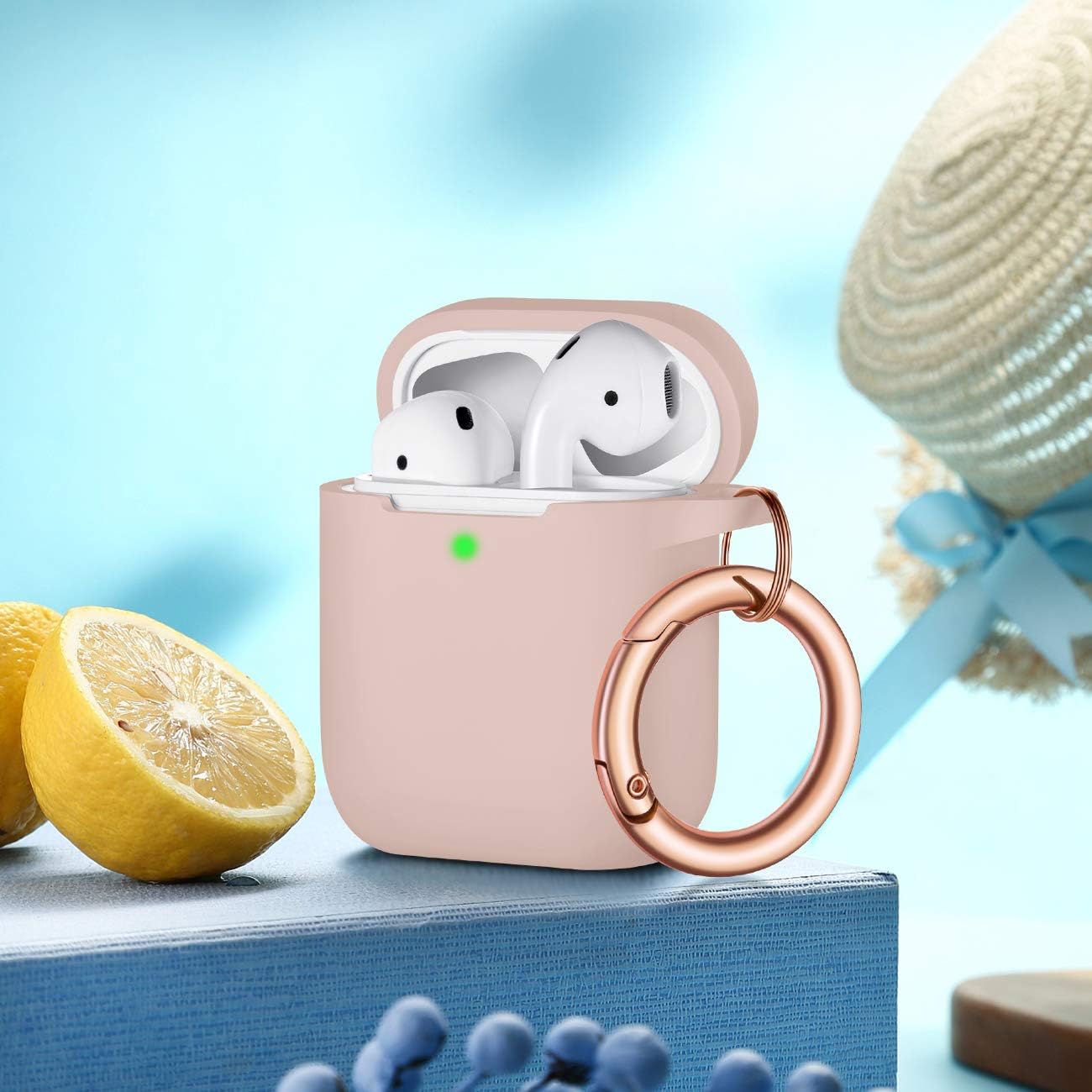 R-fun AirPods Case Cover with Rosegold Keychain, Silicone Protective Skin Cover for Women Girl with Apple AirPods Series 2 & Series 1 Charging Case,Front LED Visible-Pink Sand