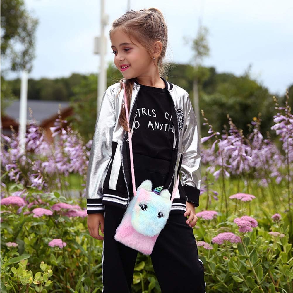 Kids Girls Colorful Plush Unicorn Cell Phone Bag Pouch Mini Crossbody Purse Handbag Wallet image 3