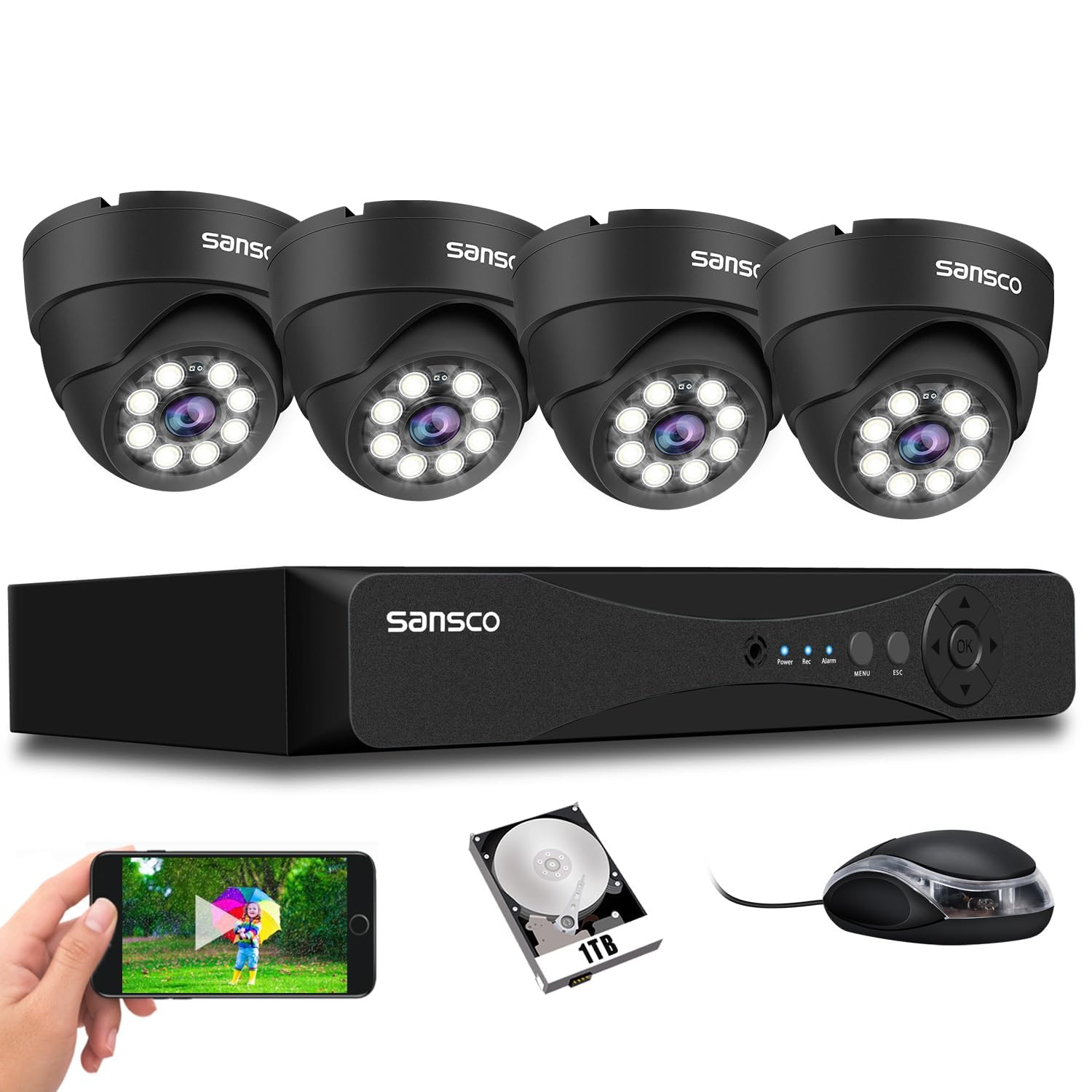 SANSCO 5MP 8CH CCTV Security Camera System with 1TB Hard Drive, 8 Channel Expandable DVR, 4pcs 3K IP66 Waterproof Metal Dome Cameras, with Human/Vehicle/Face Activated Full Color Night Vision