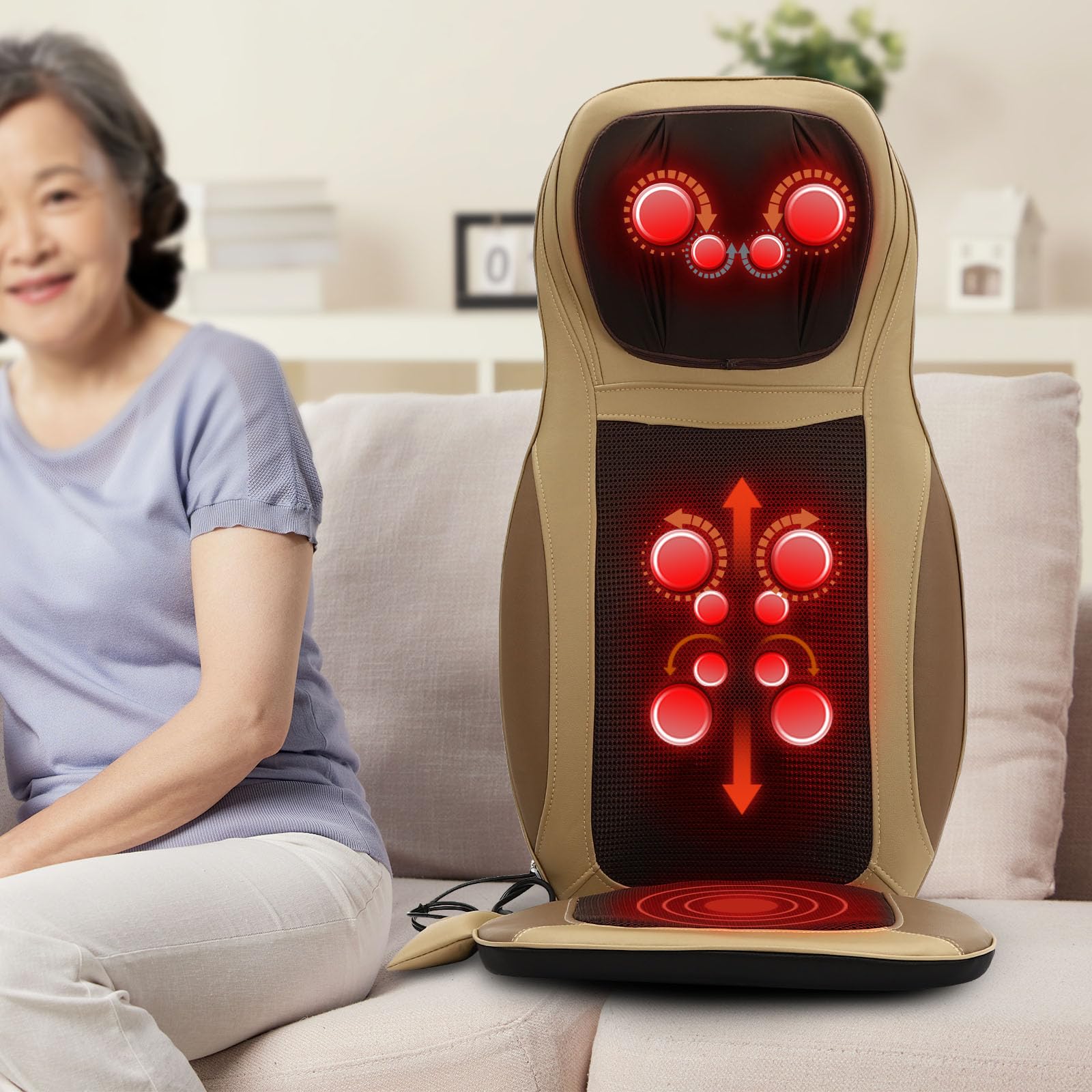 Shiatsu Massagesitzauflage,Massagesitzauflage mit Wärme und Vibration,Massageauflage für Rücken,Gesäß und Nacken,3 Intensitäten,Rückenmassagegerät für Hause Büro Auto (Beige)