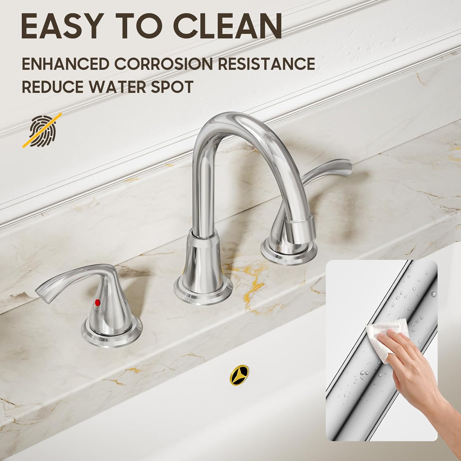 Phiestina 8 Inch Widespread Chrome Bathroom Sink Faucet, 2 Handle 3 Hole Bathroom Faucet with Metal Pop up Drain and Water Supply Lines, WFJC180-C