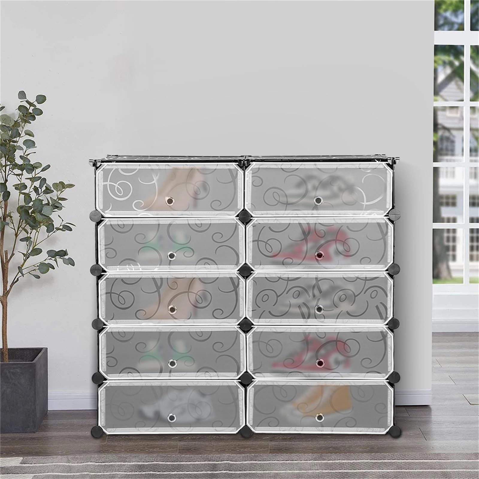 Scatola portaoggetti per scarpe con 10 scomparti, per scarpe da esterno, impermeabile, scaffale in plastica fai da te, con porta, per ingresso soggiorno, camera da letto, nero