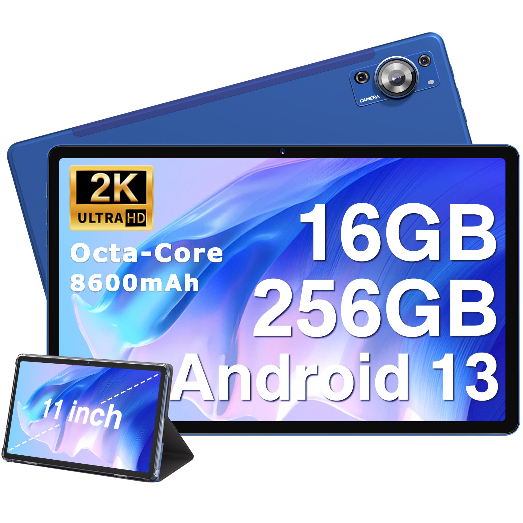 2025 Tablet 11 inch Android 13 Tablets, 16GB RAM+256GB ROM+1TB Expand, Octa-Core 2.0GHz, 2K 2000 x 1200 FHD Display, 8600mAh, 13MP+5MP Camera, 5G+2.4G Wi-Fi/Bluetooth/with Case-Blue