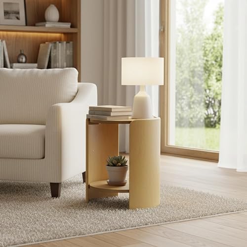 Miniatura 7 de DUOMAY Mesa auxiliar de madera, mesa auxiliar redonda de 15.5 pulgadas de ancho con estante de almacenamiento, mesita de noche moderna de mediados