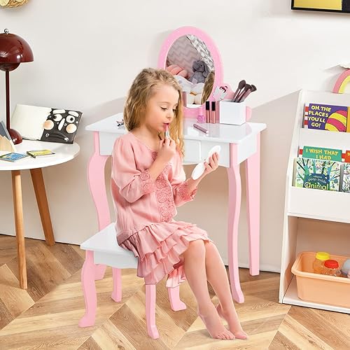 Miniatura 2 de INFANS Juego de tocador para niños, mesa y silla de maquillaje de princesa de madera 2 en 1 con espejo, estante, cajones de almacenamiento para