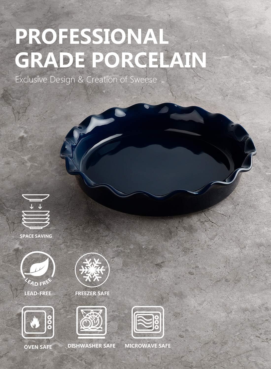 Sweese 518.103 Porcelain Pie Pan, Round Pie Plate Baking Dish with Ruffled Edge, 10.5 Inches, Navy