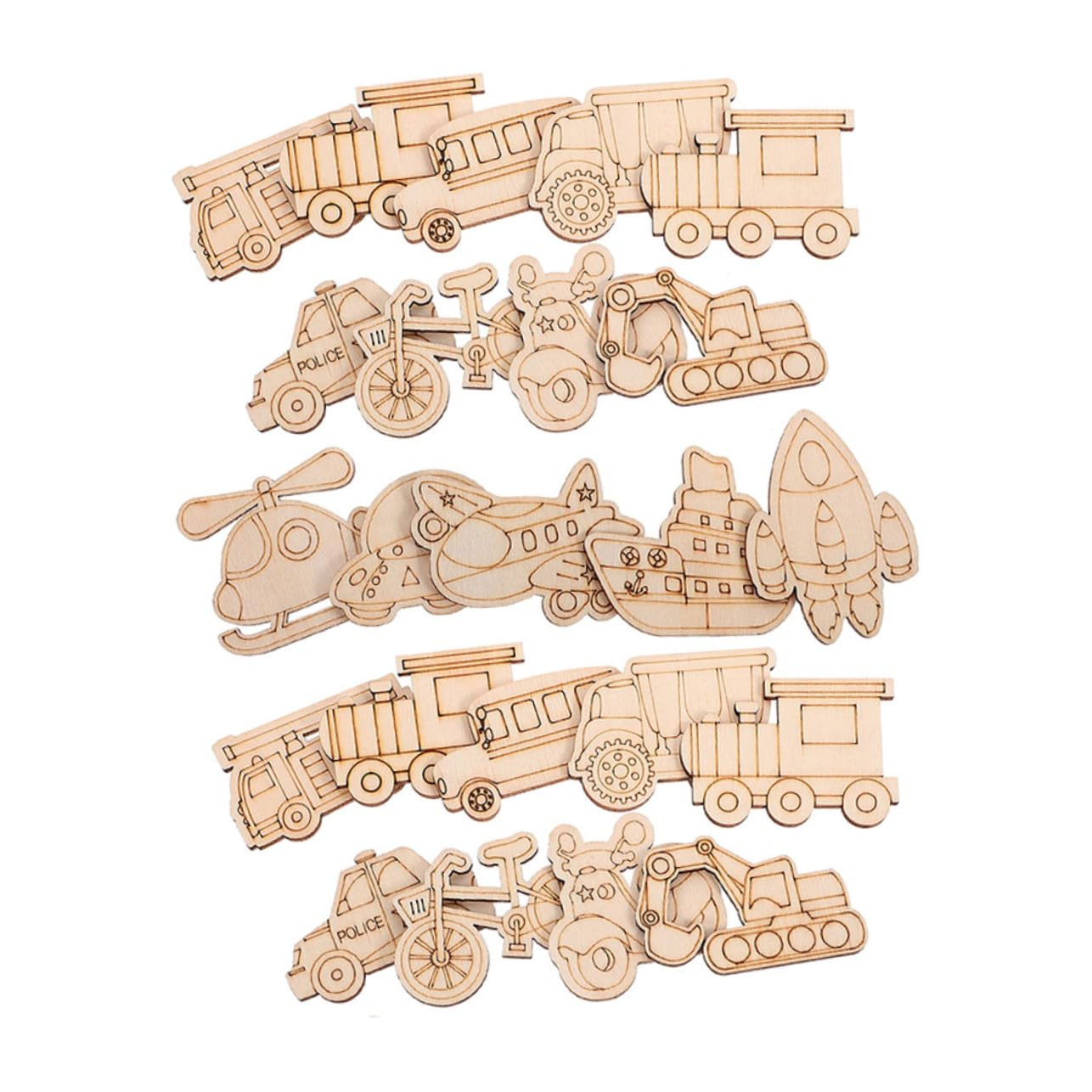 ARTIBETTER 25Pcs Wood Chip Toys - Unfinished Helicopter Car UFO Excavator Shapes for Kids DIY Crafts Creative Art Supplies