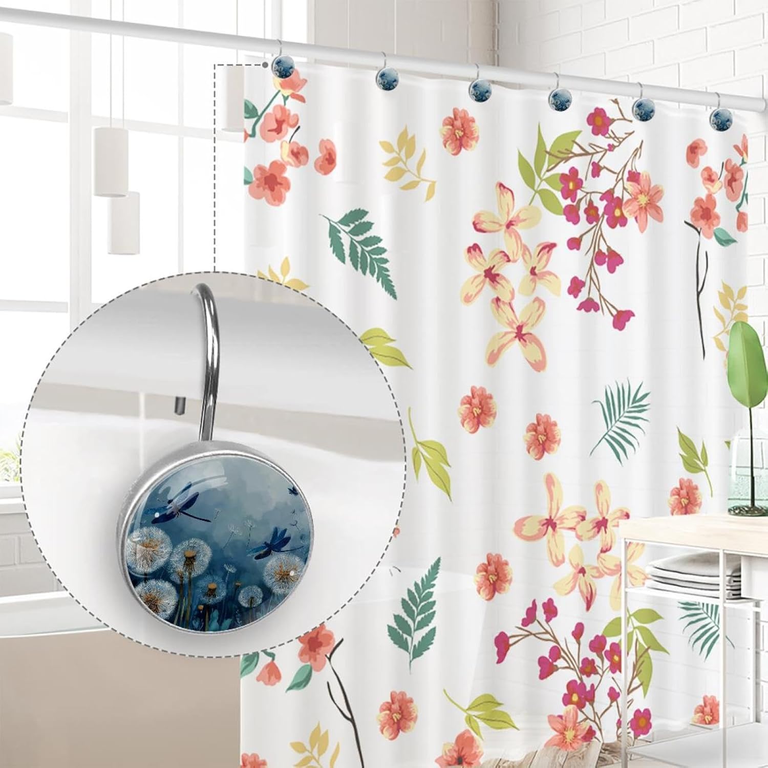 12 Pack Blue Dragonflies Flying Around Dandelion Shower Curtain Hooks Rings, Durable Shower Hooks for Liner, Shower Rings for Curtain and Bathroom Shower Rod