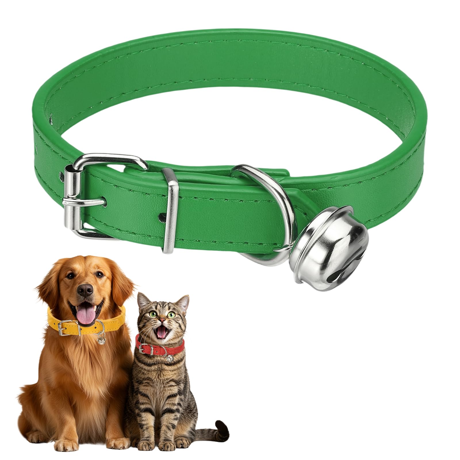 sourcing map Dog Collar with Bell, Pu Leather Cat Collars Pet Basic Soft Padded Adjustable Buckle, 16" (Green, 1 Pcs), Intended for Teacup/Little Dog/Kitten Cats/Small Animals