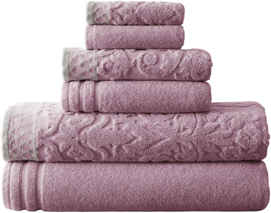 Modern Threads 6-Piece Damask Jacquard/Solid Ultra Soft 550GSM 100% Combed Cotton Towel Set with Embellished Borders [Peach] : Home & Kitchen