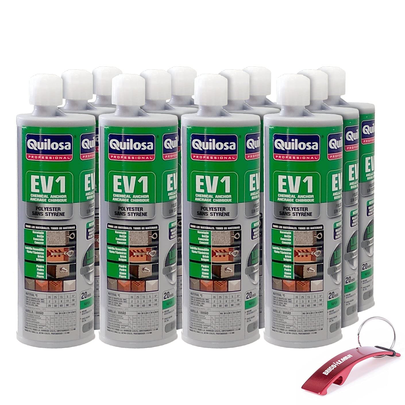 Kit Anclaje Quimico EV1 en caja de 12 cartuchos de 410ml + Llavero/Abrebotellas de Regalo (12 Cartuchos EV1 + Llavero de Regalo)