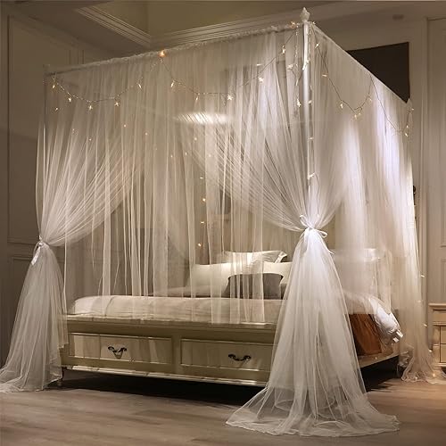 Miniatura 3 de VETHIN 4 Corners Post Princess Bed Canopy Curtain Double Layer Cozy Drape Netting 4 Opening Mosquito Net for Girls & Adults Bedroom Decoration
