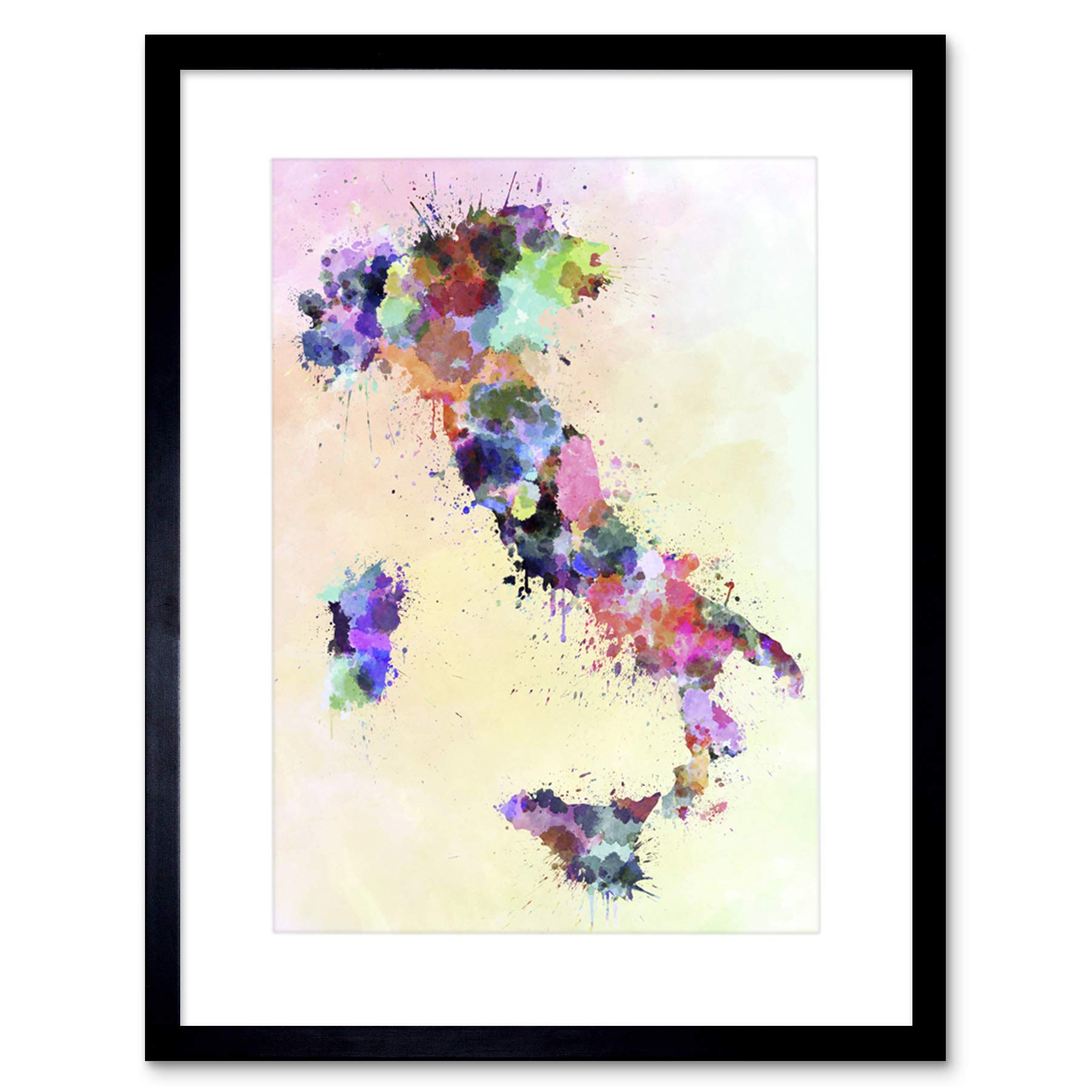 Artery8 Map Italy Sardinia Sicily Paint Splash Colour Framed Wall Art Print from B&Q