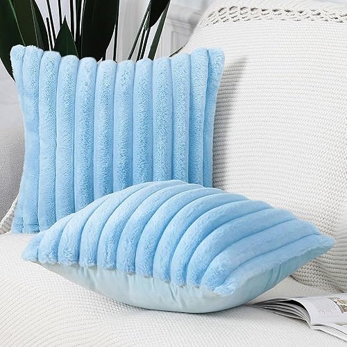 Miniatura 3 de MADIZZ Juego de 2 fundas de cojín decorativas de felpa de piel sintética de 12 x 12 pulgadas, color azul claro, esponjosas, a rayas, suaves,