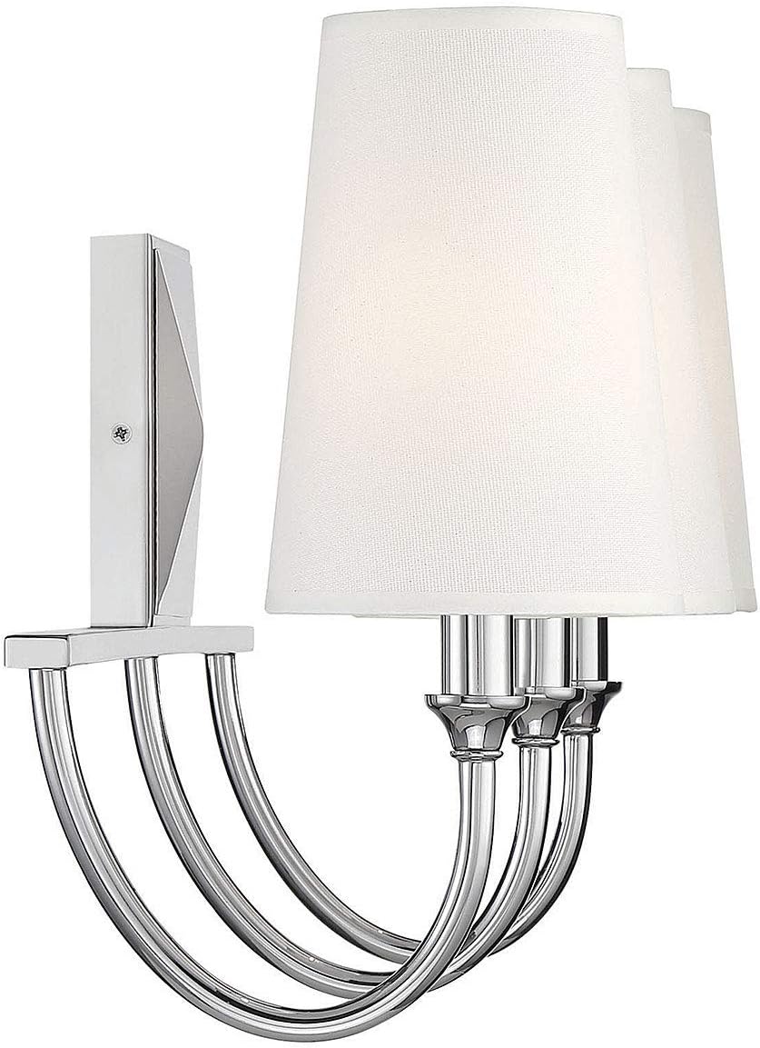 Savoy Essentials 8-2542-3-109 Cameron Modern Farmhouse White Fabric Bathroom Vanity Wall Light, 3-Light 120 Total Watts, 12" H x 24" W, Polished Nickel